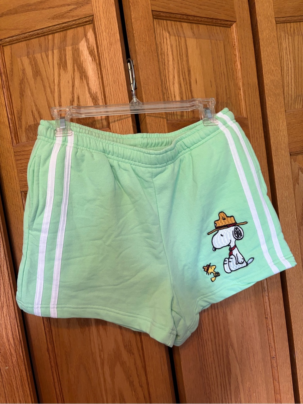Peanuts Mint Green Athletic Shorts with White Side Stripes